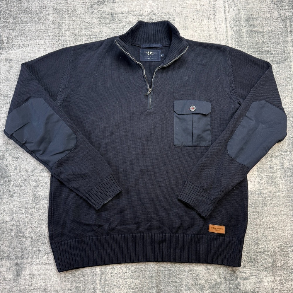 Holebrook Sweden Sweater Mens XL Navy Blue Chunky Knit 1/4 Zip Commando Nautical